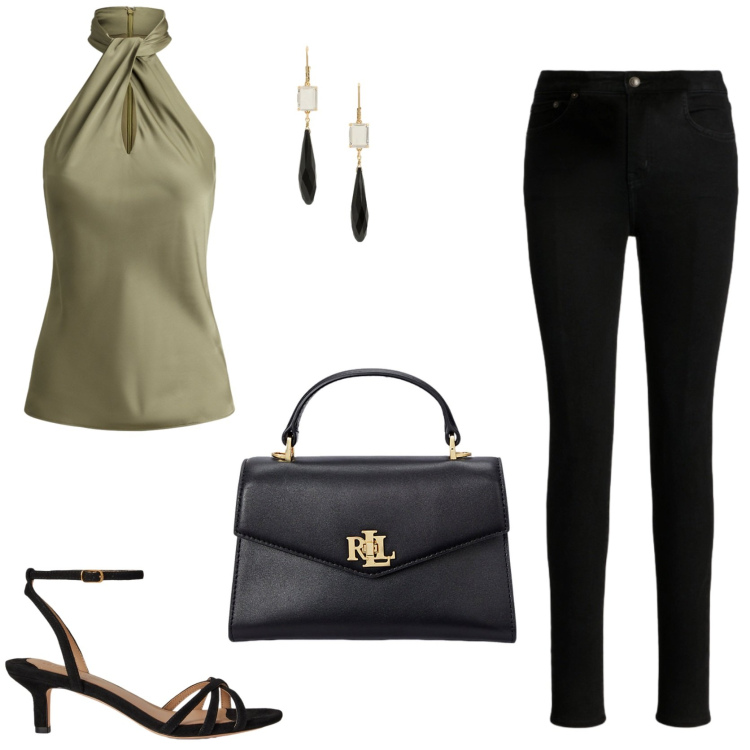 Outfit donna - Denim elegante. Stile Chic per Serata fuori. Abbinamento con bluse, jeans skinny, sandali col tacco, borse a mano, orecchini.