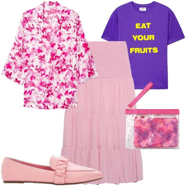 Outfit donna - Stampe che raccontano - FDCI. Stile Romantica per Tutti i giorni. Abbinamento con mocassini, pochette, t-shirt, bluse, gonne lunghe.