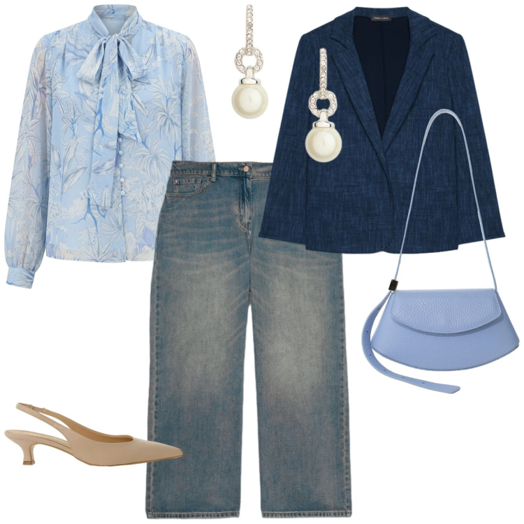 Outfit donna - Everyday. per Scuola/Università. Abbinamento con borse a spalla, bluse, jeans, blazer, décolleté, orecchini.