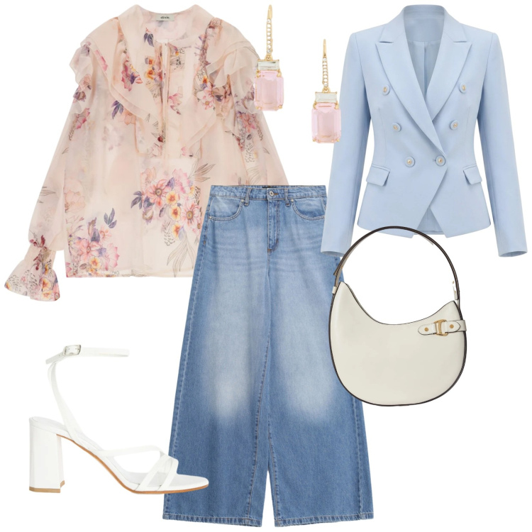 Outfit donna - Everyday. per Serata fuori. Abbinamento con blazer, sandali in pelle, jeans, bluse, borse a spalla, orecchini.
