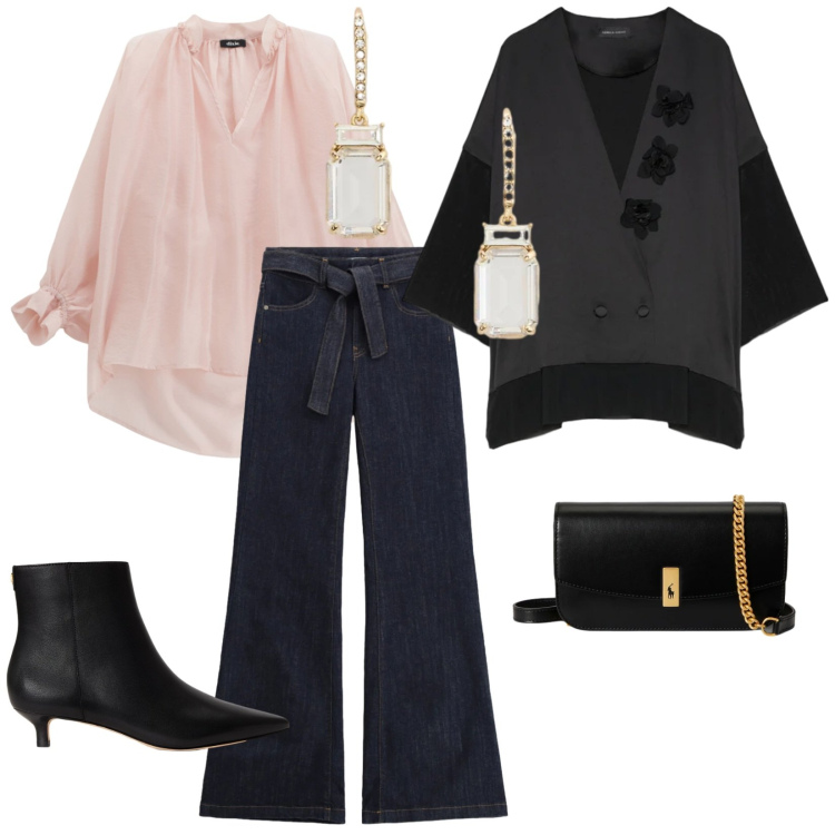 Outfit donna - Everyday. per Serata fuori. Abbinamento con jeans a zampa, bluse, blazer, clutch, stivaletti, orecchini.
