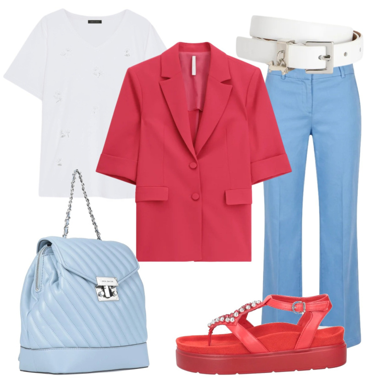 Outfit donna - Colore block. Stile Trendy per Tutti i giorni. Abbinamento con zaini, ciabatte, blazer, cinture, pantaloni, t-shirt.
