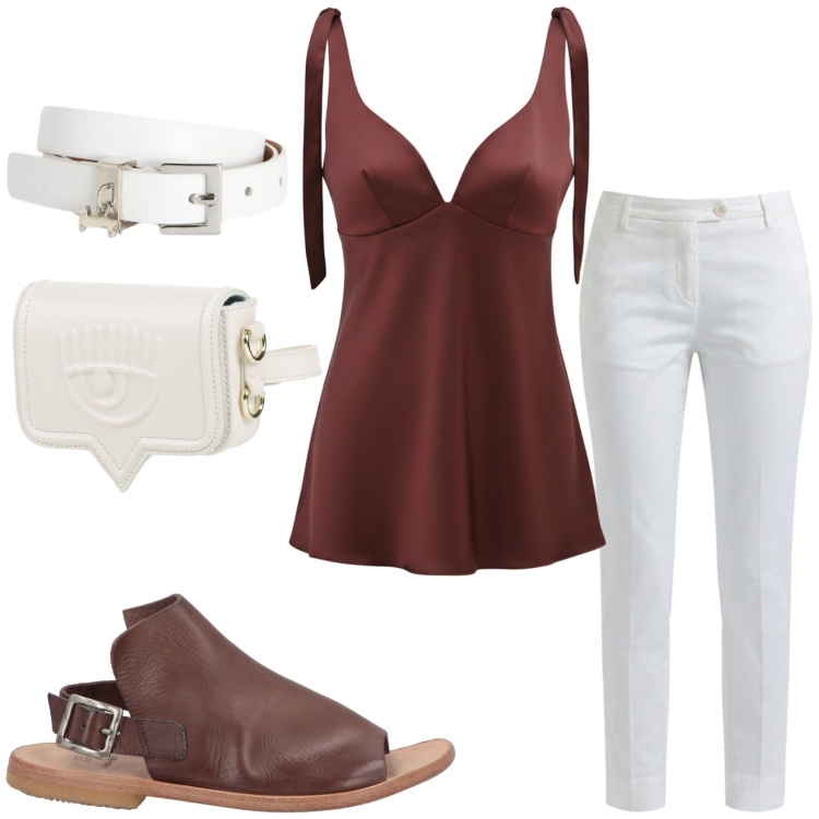 Outfit donna - Top marron glacé. Stile Casual per Tutti i giorni. Abbinamento con marsupi, sandali in pelle, top, cinture, pantaloni.