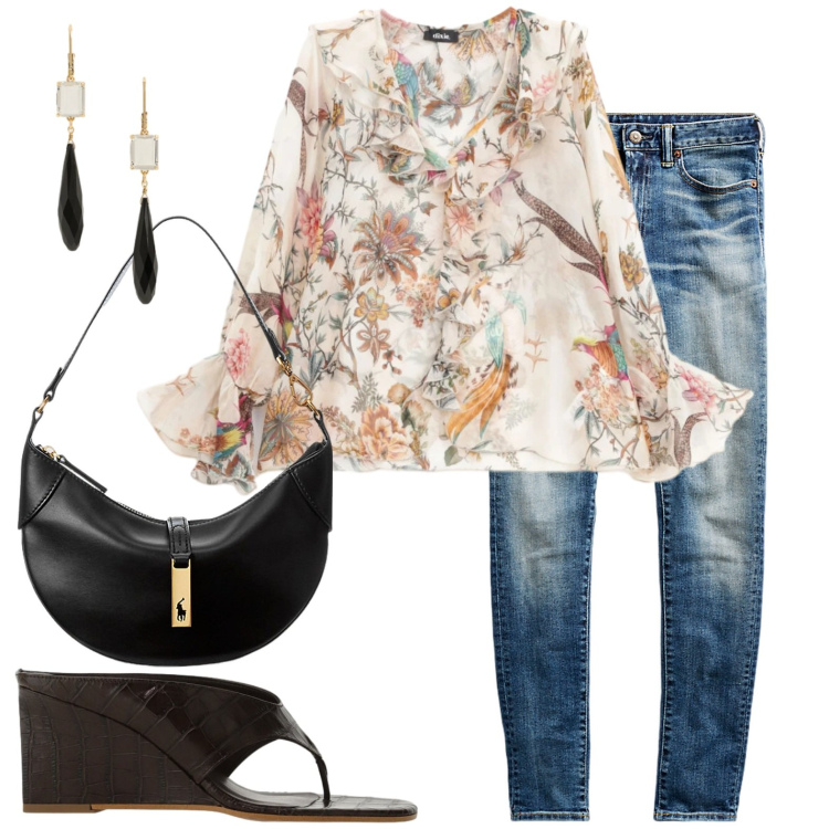 Outfit donna - Romanticamente grintosa. Stile Glamour per Tutti i giorni. Abbinamento con bluse, sandali, borse a spalla, jeans skinny, orecchini.