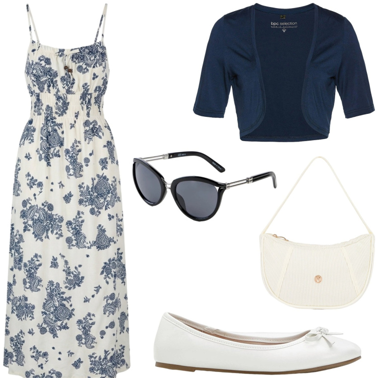 Outfit donna - Weekend in campagna. Stile Romantica per Tutti i giorni. Abbinamento con ballerine, bolero, occhiali da sole, vestiti lunghi, borse a mano.