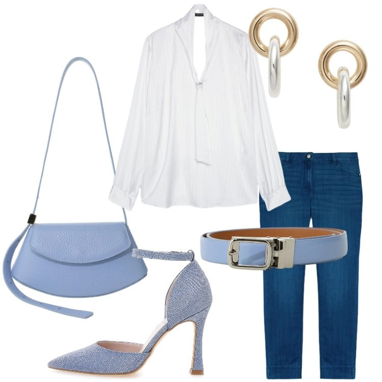 Outfit donna - Blusa + jeans - Il nuovo everyday look. Stile Casual chic per Tutti i giorni. Abbinamento con cinture, borse a spalla, bluse, jeans skinny, orecchini, décolleté.