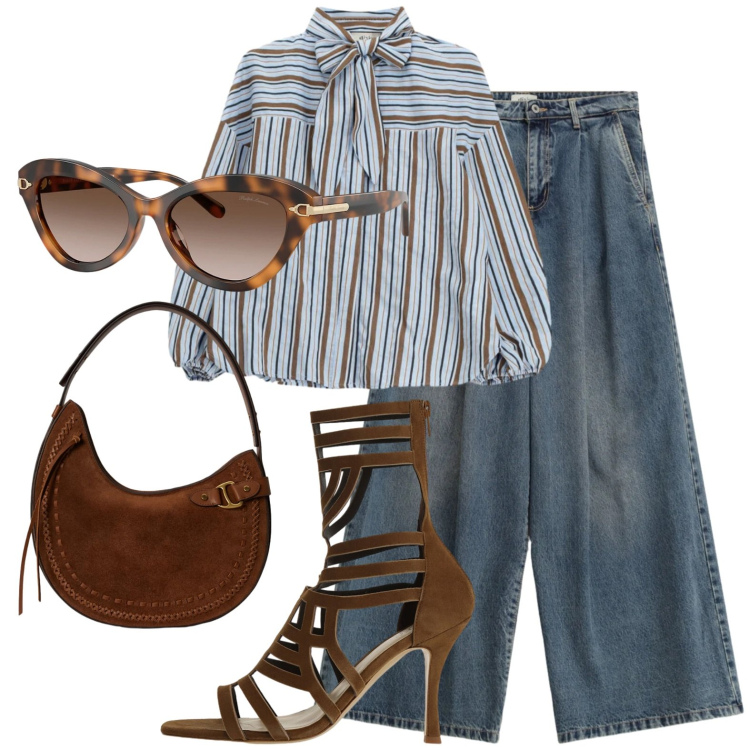 Outfit donna - Pranzo glam. Stile Glamour per Tutti i giorni. Abbinamento con jeans, bluse, sandali col tacco, occhiali da sole, borse a spalla.