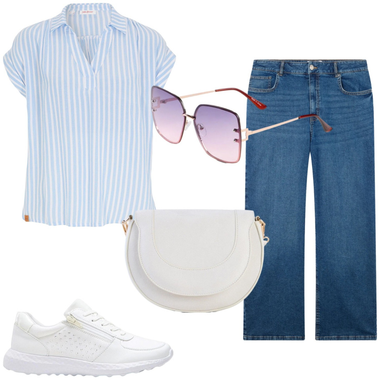 Outfit donna - Comoda e fresca. Stile Casual per Tutti i giorni. Abbinamento con bluse, sneakers, occhiali da sole, borse a tracolla, jeans.
