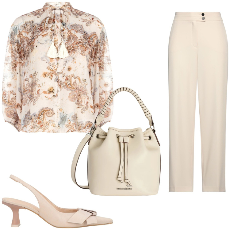 Outfit donna - Colori neutri per la blusa stampata. Stile Chic per Tutti i giorni. Abbinamento con décolleté, pantaloni, bluse, borse a secchiello.