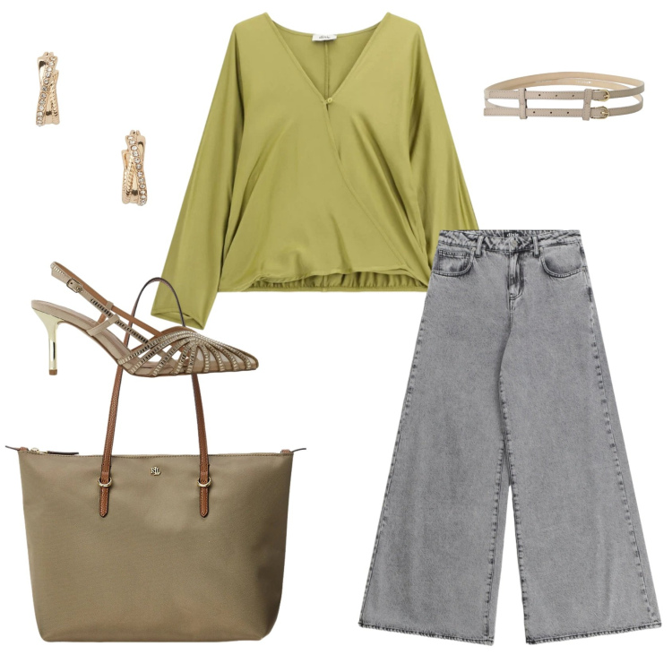 Outfit donna - Total look #2404883. Stile Casual chic per Ufficio. Abbinamento con cinture, décolleté, bluse, jeans a zampa, orecchini, borse tote.