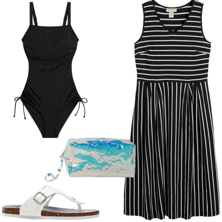 Outfit donna - Total look #2404885. Stile Basic per Mare. Abbinamento con costumi interi, vestiti midi/longuette, infradito, pochette.
