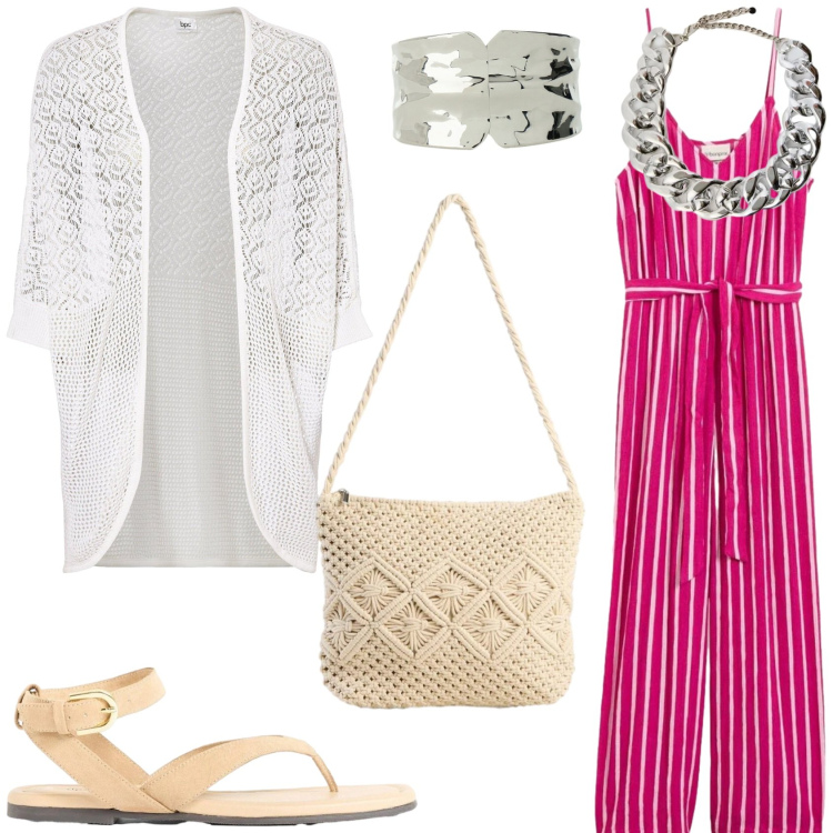 Outfit donna - Casual confortevole. Stile Casual per Tutti i giorni. Abbinamento con tute, cardigans, sandali, borse a tracolla, braccialetti, collane.
