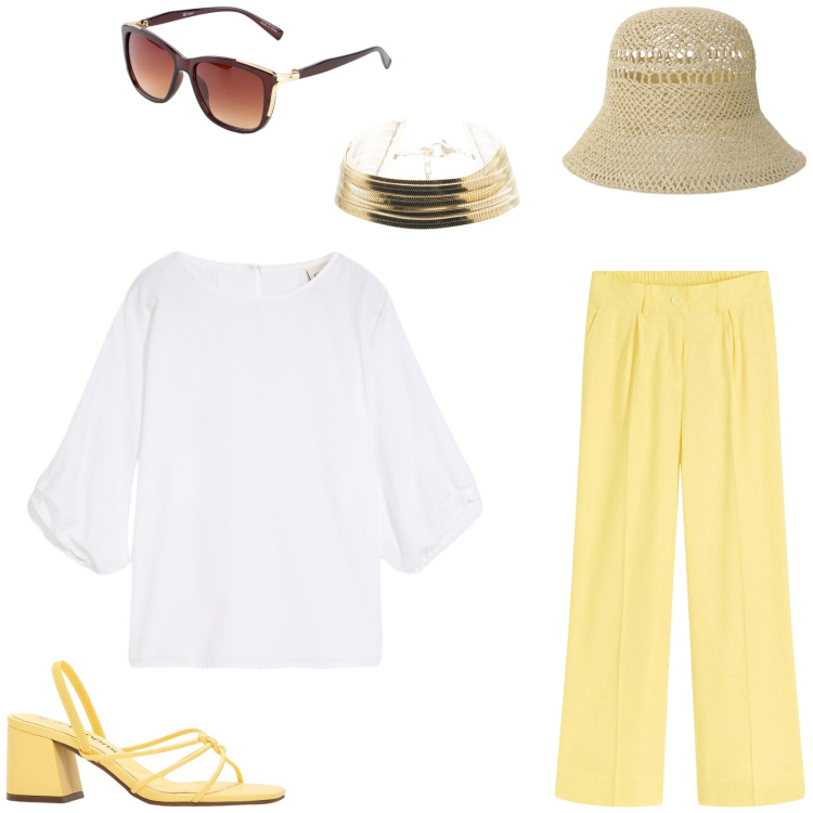 Outfit donna - Giallo primavera. Stile Casual chic per Tutti i giorni. Abbinamento con sandali col tacco, pantaloni a palazzo, bluse, occhiali da sole, cappelli, braccialetti.