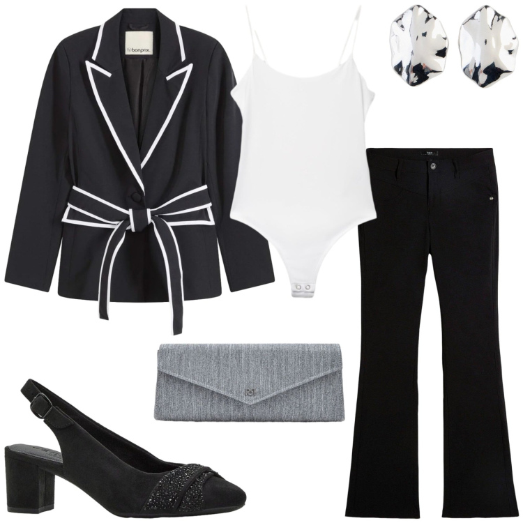 Outfit donna - Il completo in primavera. Stile Glamour per Cerimonia. Abbinamento con pantaloni, décolleté, orecchini, blazer, top, pochette.