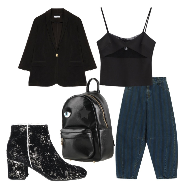 Outfit donna - Stasera aperitivo. Stile Sexy per Serata fuori. Abbinamento con zaini, stivaletti, canottiere, jeans, blazer.