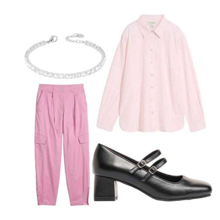 Outfit donna - Maggio. Stile Casual chic per Ufficio. Abbinamento con décolleté, camicie, pantaloni cargo, braccialetti.