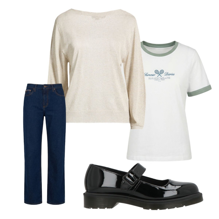 Outfit donna - Caldo primaverile. Stile Basic per Tutti i giorni. Abbinamento con décolleté, pullovers, t-shirt, jeans.