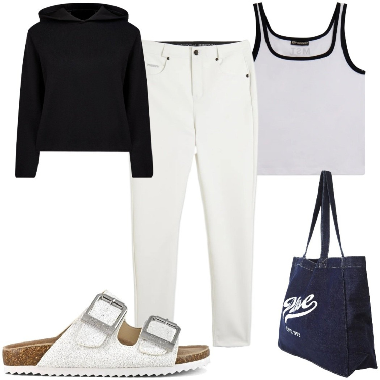 Outfit donna - Total look #2404914. Stile Trendy per Tutti i giorni. Abbinamento con shopping bag, pantaloni skinny, canottiere, maglieria, sandali.