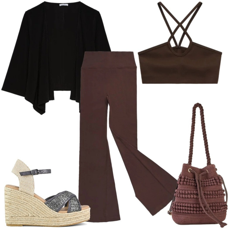 Outfit donna - Total look #2404917. Stile 70s per Tutti i giorni. Abbinamento con borse a secchiello, leggings, top, blazer, zeppe.