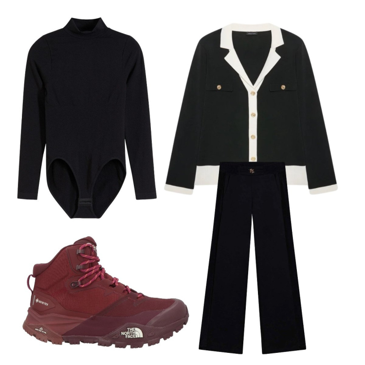 Outfit donna - Black and prune. Stile Sporty chic per Tutti i giorni. Abbinamento con stivaletti, body, cardigans, pantaloni.