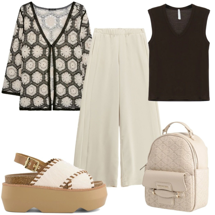 Outfit donna - Total look #2404920. Stile 70s per Tutti i giorni. Abbinamento con zaini, pantaloni a palazzo, top, cardigans, zeppe.