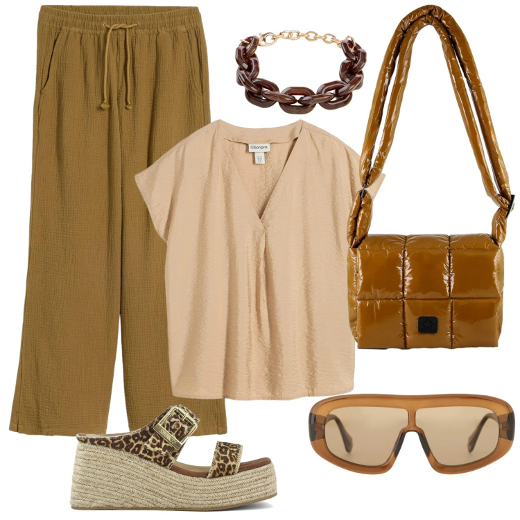 Outfit donna - Animalier in città. Stile Glamour per Tutti i giorni. Abbinamento con tuniche, braccialetti, pantaloni a palazzo, occhiali da sole, borse a spalla, zeppe.