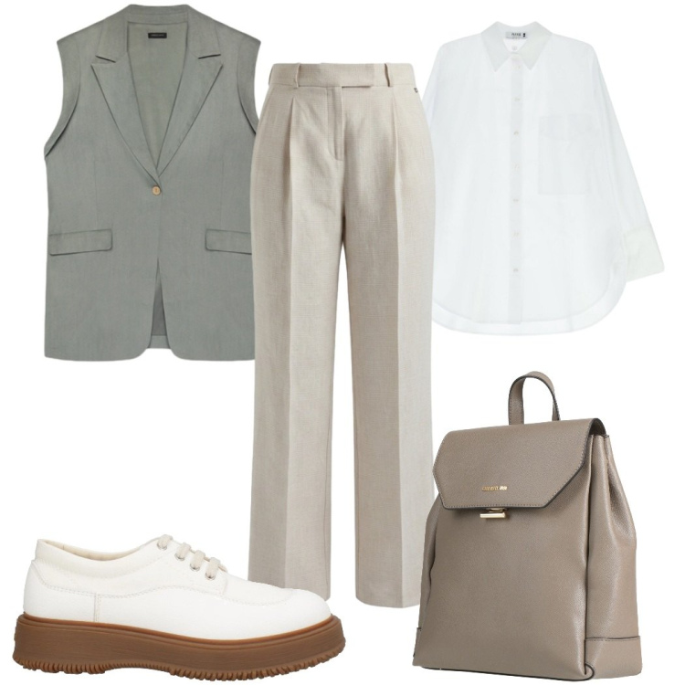 Outfit donna - Total look #2404923. Stile Mannish per Ufficio. Abbinamento con zaini, scarpe stringate, pantaloni, camicie, gilet.