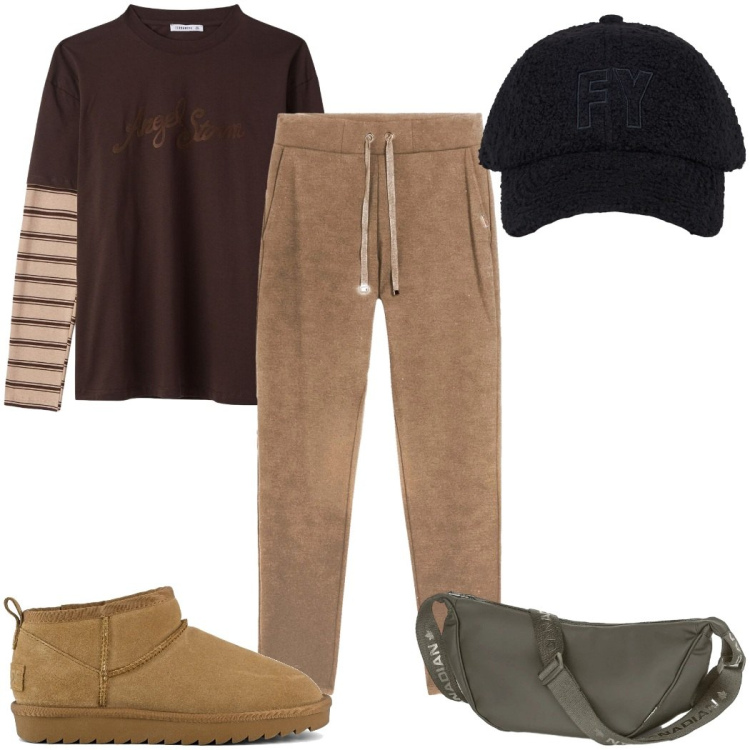 Outfit donna - Total look #2404924. Stile Basic per Tutti i giorni. Abbinamento con t-shirt, borse a tracolla, cappelli con visiera, pantaloni, stivali.
