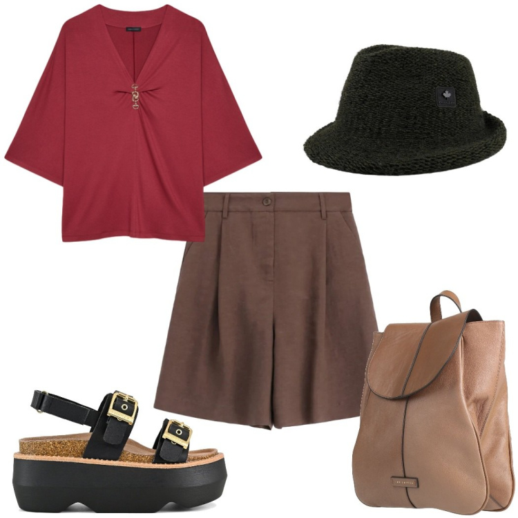 Outfit donna - Total look #2404926. Stile Trendy per Tutti i giorni. Abbinamento con zaini, bermuda, t-shirt, cappelli, sandali col tacco.