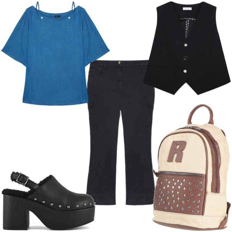 Outfit donna - Total look #2404928. Stile 70s per Tutti i giorni. Abbinamento con zaini, bluse, pantaloni, gilet, sabot.