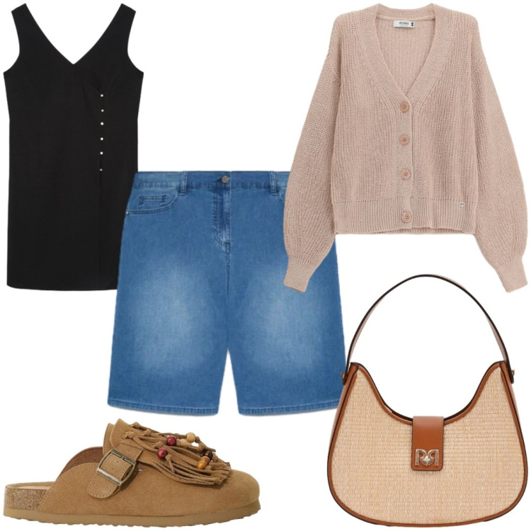 Outfit donna - Total look #2404933. Stile Trendy per Tutti i giorni. Abbinamento con sabot, cardigans, borse a spalla, vestiti a tubino, bermuda.