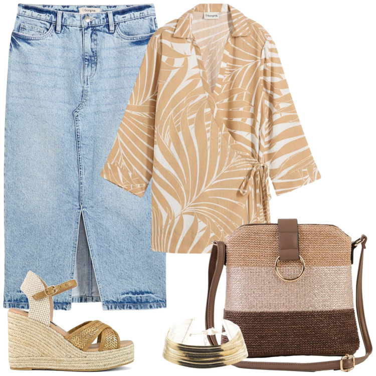 Outfit donna - E ora un salto dal parrucchiere. Stile Casual chic per Tutti i giorni. Abbinamento con bluse, gonne longuette, borse a tracolla, braccialetti, zeppe.