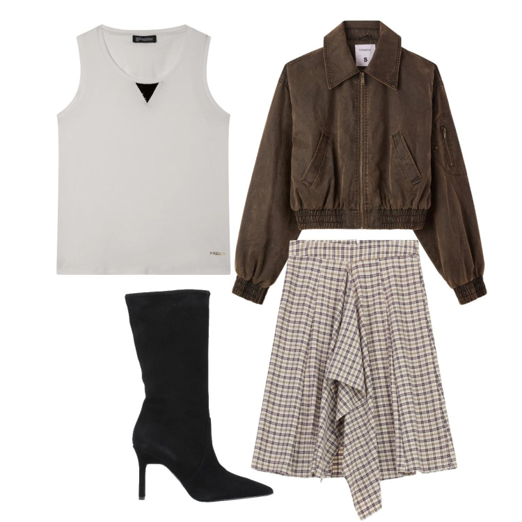 Outfit donna - Aperitivo dopo il lavoro. Stile Urban per Serata fuori. Abbinamento con stivali, bomber, gonne longuette, canottiere.
