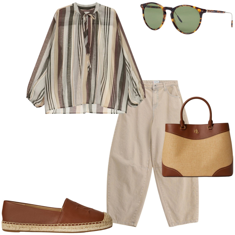 Outfit donna - Blusa +jeans. Stile Casual chic per Tutti i giorni. Abbinamento con jeans, espadrillas, occhiali da sole, borse a mano, bluse.
