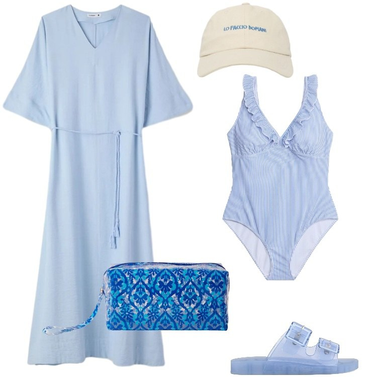 Outfit donna - Total look #2404938. Stile Trendy per Mare. Abbinamento con costumi interi, vestiti lunghi, valigie, cappelli con visiera, sandali.