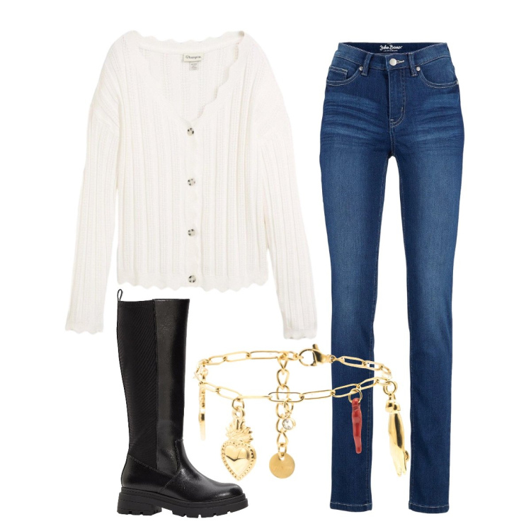 Outfit donna - Jeans slim. Stile Basic per Ufficio. Abbinamento con jeans, cardigans, stivali, braccialetti.