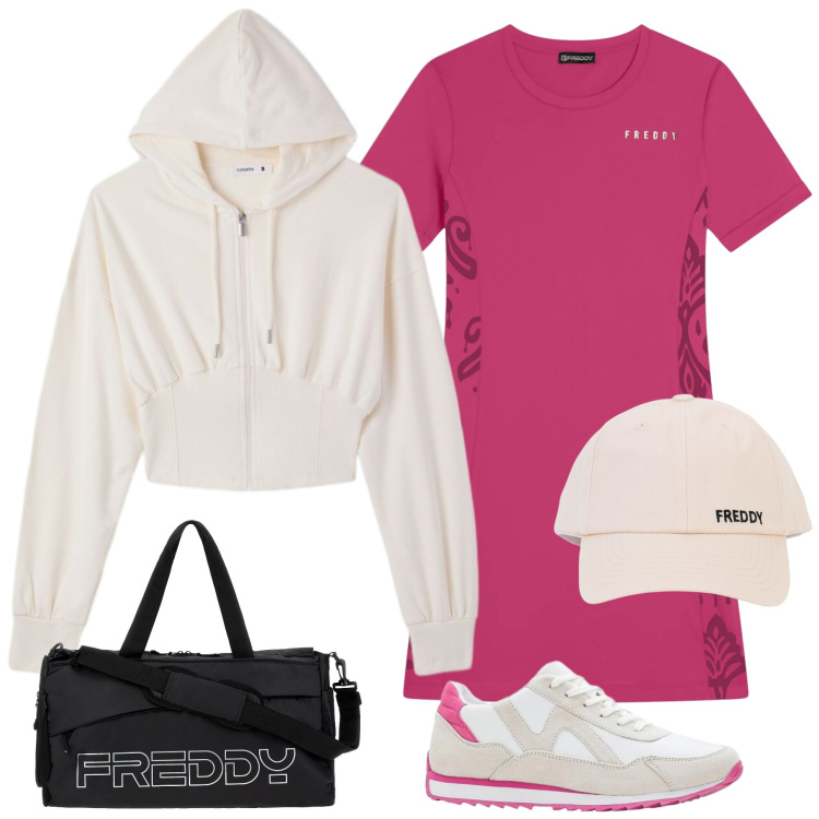 Outfit donna - Pink Energy Sport Chic. Stile Sporty chic per Tutti i giorni. Abbinamento con sneakers, felpe con cappuccio, body, cappelli con visiera, borse sportive, vestiti midi/longuette.