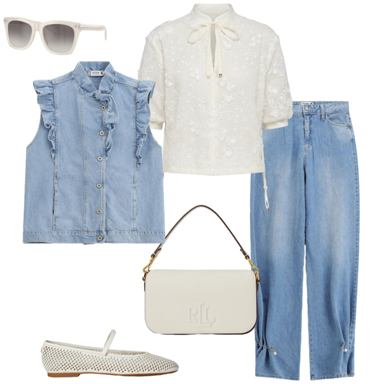 Outfit donna - Blusa+jeans. Stile Casual chic per Serata fuori. Abbinamento con bluse, jeans, gilet, ballerine, occhiali da sole, borse a spalla.