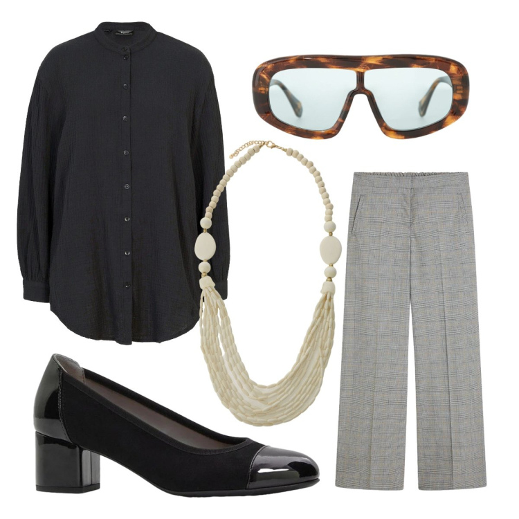 Outfit donna - Sole di maggio. Stile Mannish per Ufficio. Abbinamento con pantaloni, camicie, décolleté, occhiali da sole, collane.