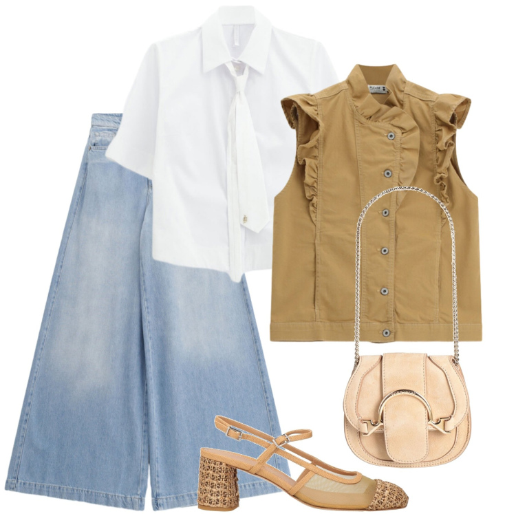 Outfit donna - Cravatta e gilet. Stile Trendy per Ufficio. Abbinamento con marsupi, décolleté, jeans, gilet, camicie a manica corta.