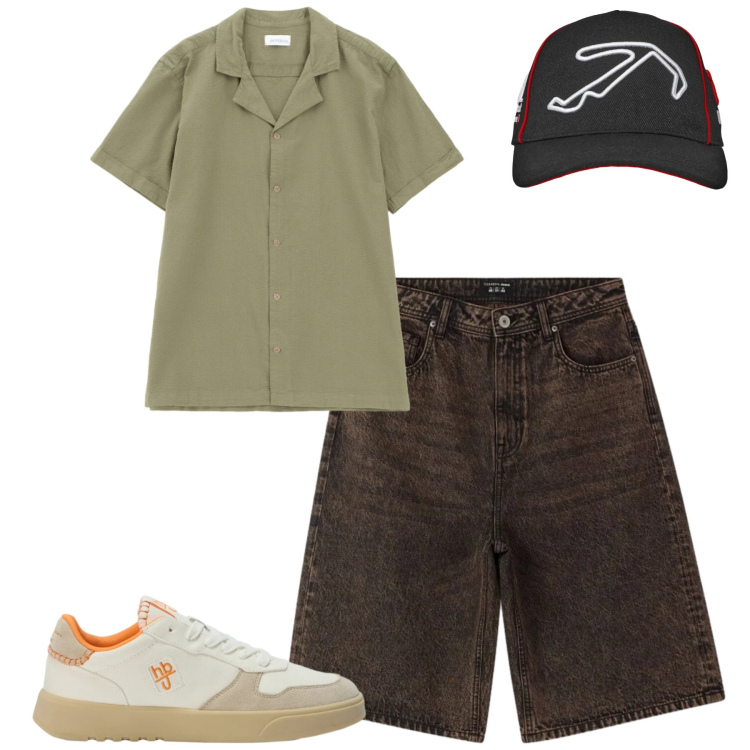 Outfit uomo - Total look #2404960. Stile Casual per Tutti i giorni. Abbinamento con cappelli con visiera, bermuda, camicie a manica corta, sneakers.