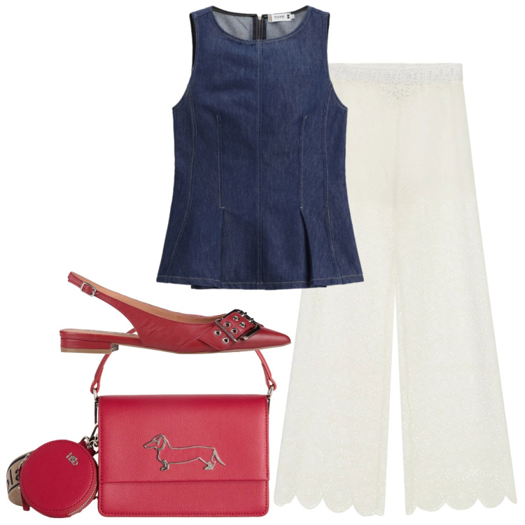 Outfit donna - Quando il denim incontra il rosso. Stile Trendy per Ufficio. Abbinamento con ballerine, borse a tracolla, top, pantaloni a palazzo.