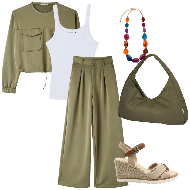 Outfit donna - I colori estivi. per Tutti i giorni. Abbinamento con sandali col tacco, felpe, pantaloni, canottiere, collane, borse a spalla.