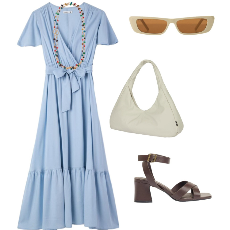 Outfit donna - Everyday. per Tutti i giorni. Abbinamento con sandali col tacco, vestiti lunghi, occhiali da sole, collane, borse a spalla.