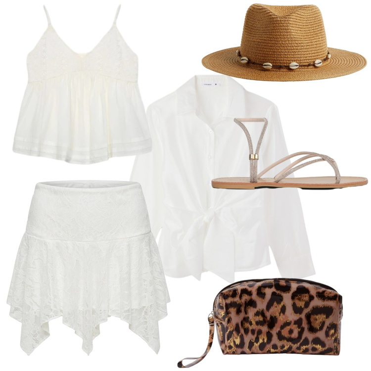 Outfit donna - Verso l\'aperitivo. Stile Boho per Mare. Abbinamento con cappelli, sandali, pochette, camicie, canottiere, minigonne.