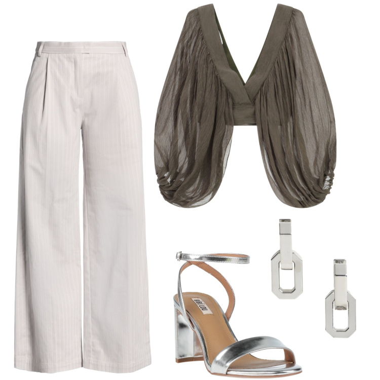 Outfit donna - Serata. Stile Chic per Serata fuori. Abbinamento con sandali in pelle, pantaloni, top, orecchini.