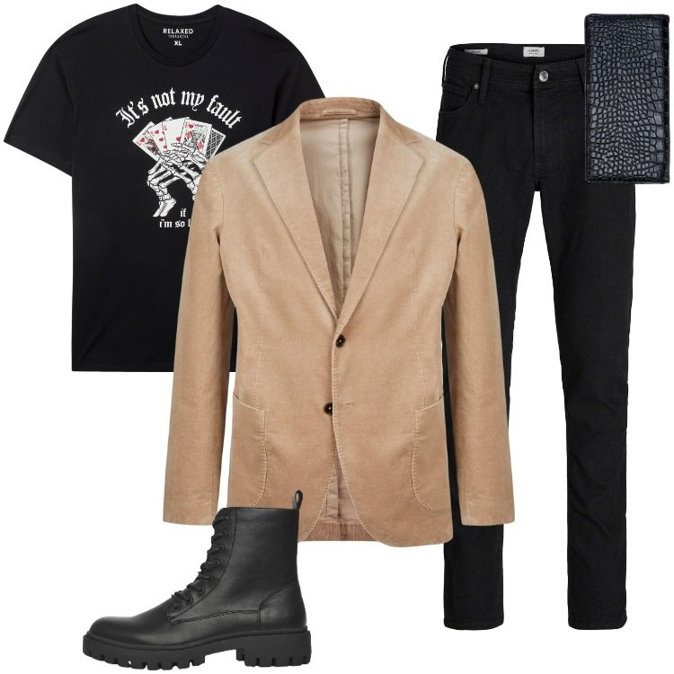 Outfit uomo - Total look #2404971. Stile Biker Rock per Serata speciale. Abbinamento con jeans slim fit, t-shirt, anfibi, giacche, portafogli.