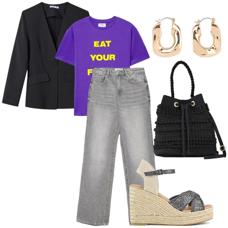 Outfit donna - Giacca elegante e denim. per Scuola/Università. Abbinamento con orecchini, borse a secchiello, t-shirt, jeans dritti, blazer, zeppe.