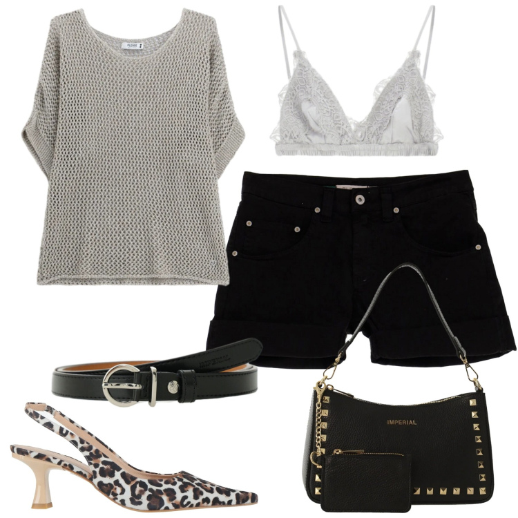 Outfit donna - Il top traforato colore corda. Stile Trendy per Mare. Abbinamento con décolleté, reggiseni, borse a spalla, cinture, top, shorts.
