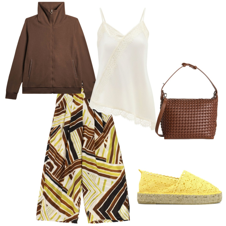 Outfit donna - Giallo. per Mare. Abbinamento con canottiere, borse a spalla, pantaloni a palazzo, felpe, espadrillas.